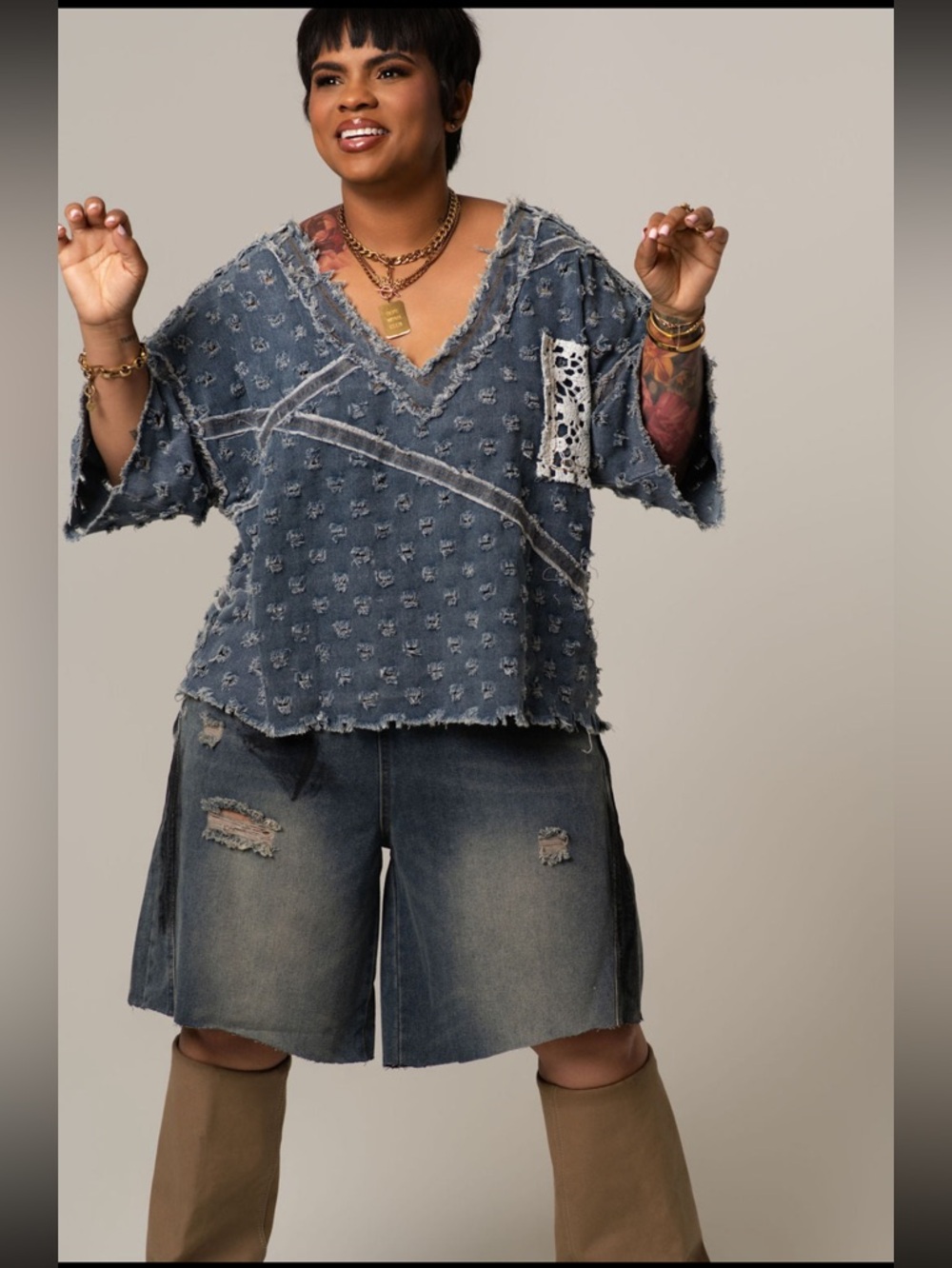 Savannah Distressed Denim Pocket Top Tee